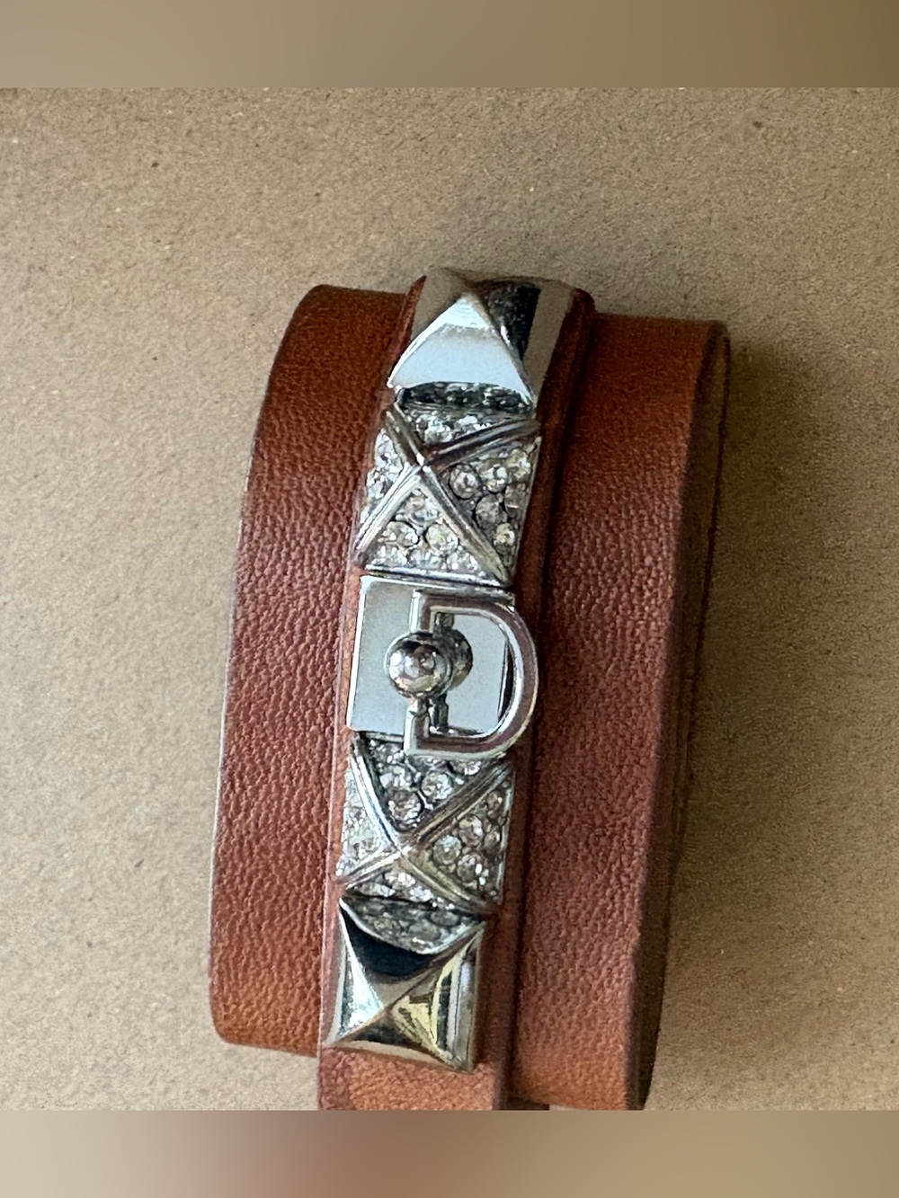 Juicy Couture Brown Leather Wrap Bracelet with Silver Crystal Stud Bar